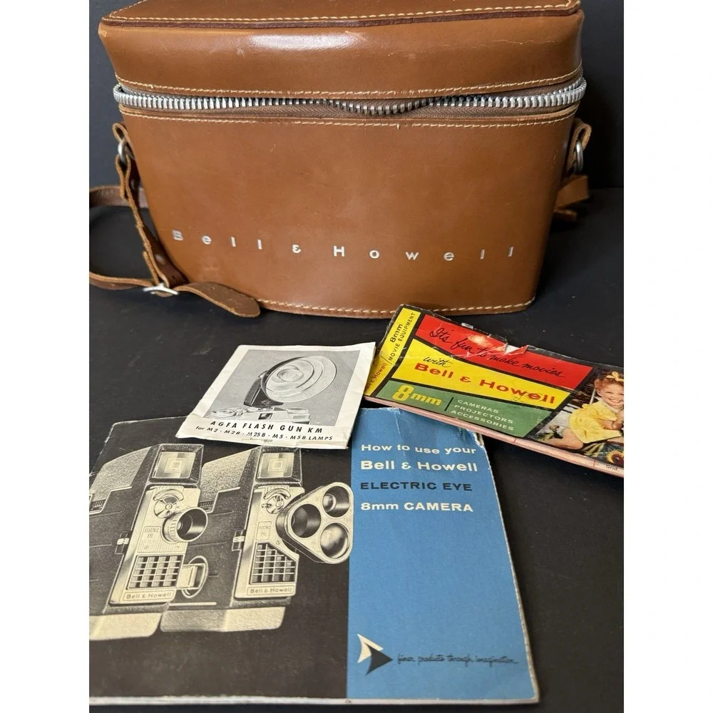 Vintage Bell & Howell Electric Eye 8mm Movie Camera Case Leather Bag w/ Manuals